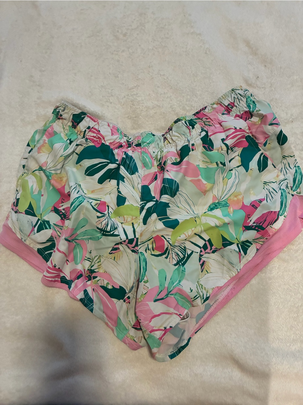 Women's Tropical Print Elastic Waist Shorts - Pink & Green
